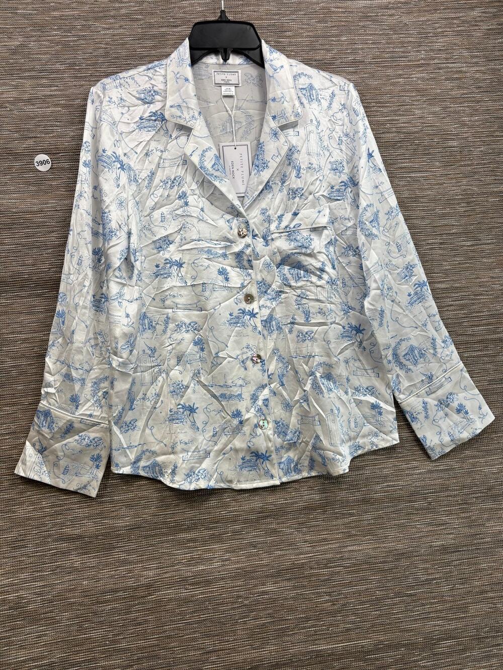Petite Plume X Eden Rock Pajama Top Womens S White Silk Tropical Sleepwear NEW